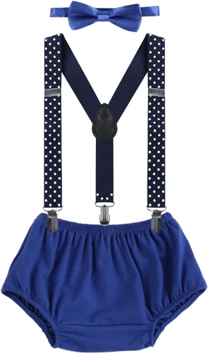 Vista 10 de Conjunto de ropa para festejar el primer cumpleaños de bebés, calzón pañalero con tirantes y corbata de moño. Beige & Blue