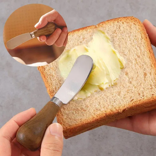 Vista 7 de Paquete de 2 cuchillos esparcidores de mantequilla de pie, cuchillos esparcidores de queso de acero inoxidable con mango de madera, cuchillos
