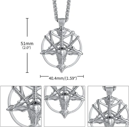 Vista 5 de Collar de pentagrama invertido de Satanás Colgante de calavera de cabeza de cabra baphomet de acero inoxidable, joyería satánica de cabra
