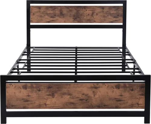 Vista 4 de Majnesvon Base de cama resistente de tamaño matrimonial con cabecera de madera moderna, plataforma de metal con marco de hierro esmerilado
