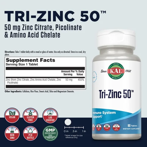 Vista 2 de KAL Suplemento Tri Zinc de 50 mg para hombres y mujeres, citrato de zinc, quelato de aminoácidos y picolinato, 50 mg por porción, apoyo del sistema