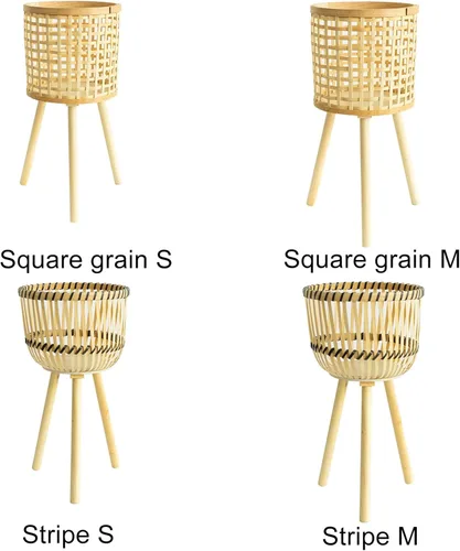 Vista 9 de Soporte tejido de bambú para macetas con patas de madera, cesta de ratán interior, macetas, soporte tejido para plantas de interior, soporte