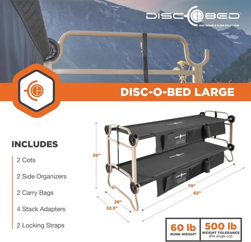 Vista 2 de Disc-O-Bed Gran banco convertible para exterior de 2 personas y cuna de camping doble para adultos, sistema de literas portátil, negro