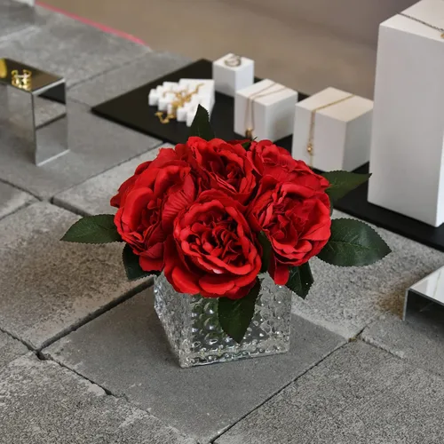 Vista 5 de Ramo de Peonías de Seda Artificial con Centro de Mesa Floral Artificial en Florero de Vidrio para Decoración de Boda en el Hogar (Rojo)