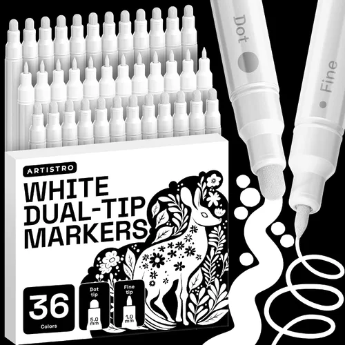 Vista 15 de ARTISTRO 5 marcadores negros de pintura acrílica de doble punta, juego de bolígrafos de pintura con puntos y puntas finas para tela, rocas, vidrio