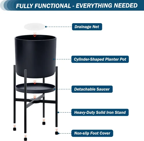 Vista 4 de D'vine Dev Maceta negra de 8 pulgadas con soporte, moderna maceta cilíndrica de plástico con soporte de metal resistente para plantas