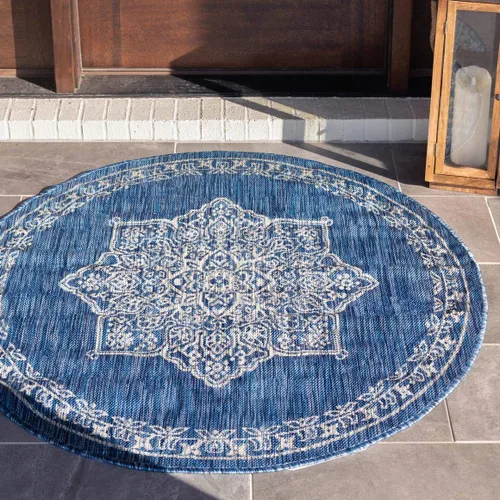 Vista 36 de Unique Loom Alfombra de la colección tradicional para exteriores, antigua (4 pies 1 pulgada, redonda, verde azulado/gris)