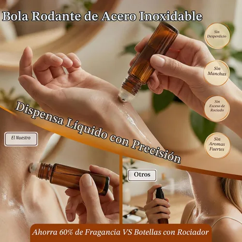 Vista 4 de PrettyCare Botellas de rodillo de aceite esencial, 4 piezas de vidrio ámbar Ámbar con tapa negra