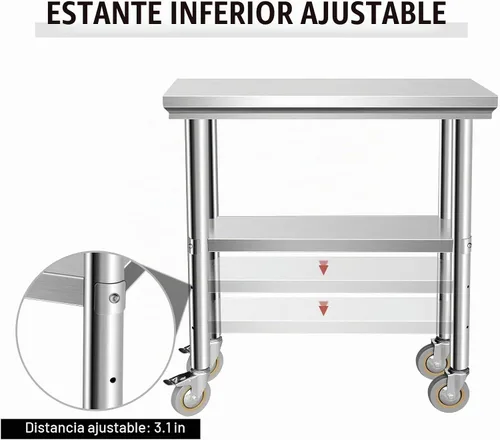 Vista 4 de Mesa de acero inoxidable para preparación de 30 x 12 pulgadas, mesa de trabajo resistente con 4 ruedas para cocina comercial, restaurante, hogar