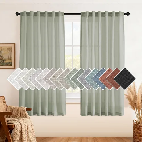 Vista 42 de H.VERSAILTEX Cortinas de lino natural de 63 pulgadas de largo para sala de estar, 2 paneles con trabillas traseras y bolsillo, texturizadas