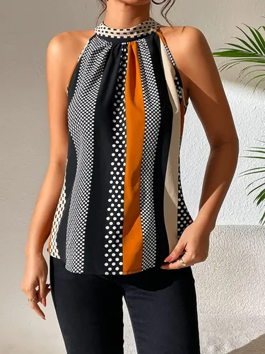 Vista 3 de SOLY HUX Blusas de verano para mujer, con cuello halter, diseño de lunares, a rayas, informal, sin mangas
