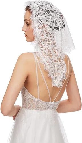 Vista 4 de Velo de mantilla de encaje, bufanda de encaje floral vintage, triángulo blanco, velo de boda, velos largos de capilla, iglesia católica de misa