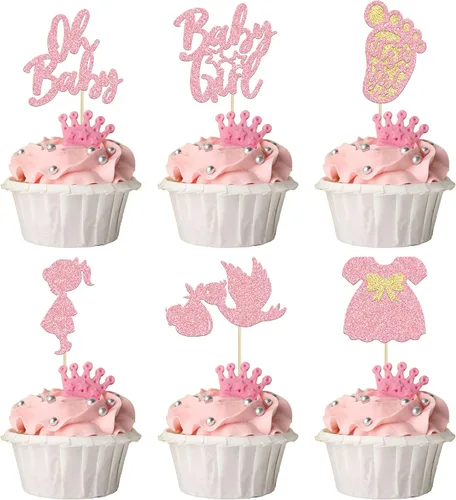 Vista 15 de 24 adornos para cupcakes con purpurina para baby shower, para baby shower, temática de revelación de género, decoraciones para pasteles para baby