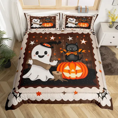 Vista 25 de Funda de edredón con diseño de murciélago, juego de ropa de cama de murciélago negro y naranja, funda de edredón temática de Halloween