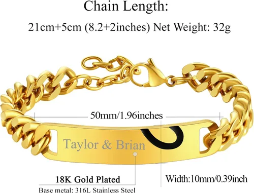 Vista 6 de FindChic Pulseras de identificación con barra de nombre personalizadas para hombres y mujeres, chapados en oro de 18 quilates, acero inoxidable