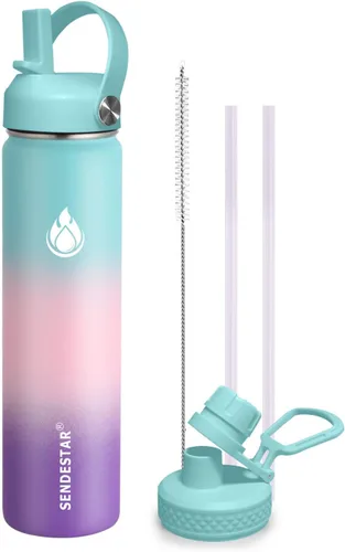 Vista 28 de SENDESTAR Botella de agua aislada de 24 onzas, boca ancha, botella de agua de 24 onzas con tapa con popote, tapa de boquilla, acero inoxidable