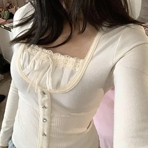 Vista 3 de Blusa de manga larga con cuello de encaje para mujer, estilo grunge, estilo grunge, estilo vintage