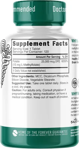 Vista 2 de Nutri 5-MTHF L Metilfolato 15MG - Suministro para 4 meses, 120 tabletas veganas - Suplemento de folato metilado - Función cognitiva, salud cardíaca