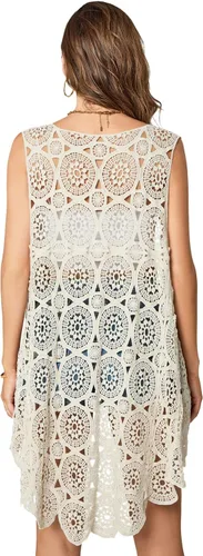 Vista 2 de Chaleco de encaje de ganchillo para mujer, estilo bohemio, sin mangas, kimono con dobladillo irregular