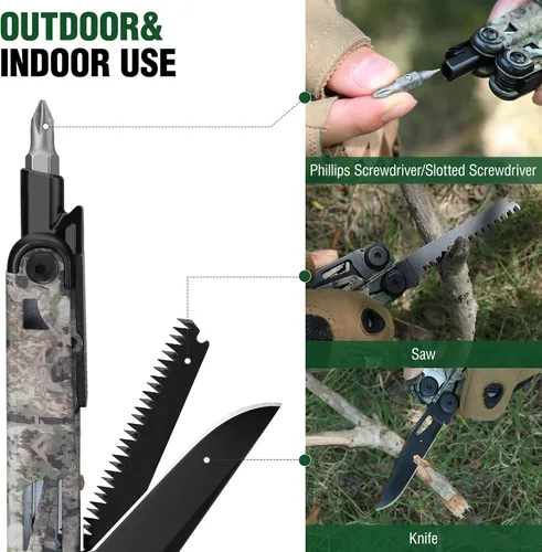 Vista 5 de FLISSA Multiherramienta, cuchillo de bolsillo multiherramienta 15 en 1 con funda, alicates multiherramienta EDC de acero inoxidable para hombres