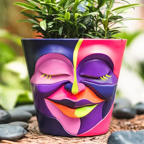 Vista 14 de GUGUGO Macetas únicas de cara para plantas, coloridas y lindas macetas para suculentas con drenaje, macetas abstractas de cabeza de arco iris