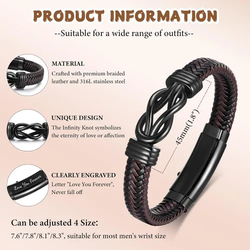 Vista 3 de MEALGUET Men's Bracelets Gifts for Men - Brown Braided Leather Infinity Knot Bracelets Engraved Love Massage for Son Man Husband Boyfriend, Mens