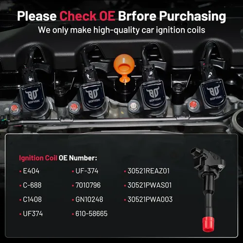 Vista 6 de BDFHYK Paquete de bobinas de encendido UF374 compatible con Honda Civic L4 1.3L 2003-2011 Honda Oem Bobina para 30521PWA003 30521PWAS01 C1408 E404