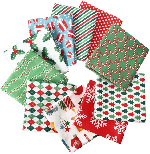 Vista 4 de Tatuo 10 Piezas de Tela de Algodón Cuadrada para Navidad, Precortada, Patchwork, Copo de Nieve, Impresión Roja y Verde, para Costura Navideña
