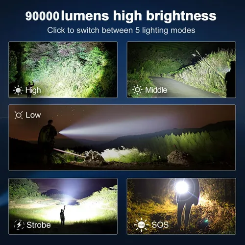 Vista 3 de KZK - Linterna recargable de 90000 lúmenes altos con mango largo, potente linterna de mano con 11 modos de luz, impermeable y zoomable para el Negro