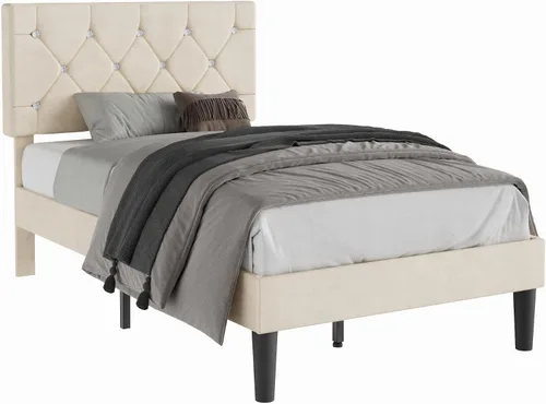 Vista 9 de VECELO Base de cama tamaño individual con plataforma tapizada con cabecera ajustable de botones de diamante, soporte de listones de madera,