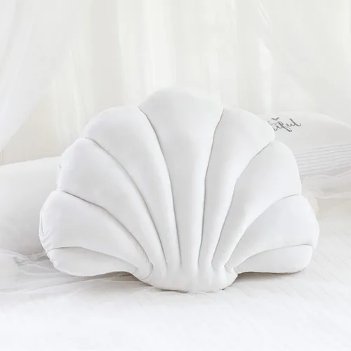 Vista 2 de Almohada con forma de concha de mar de terciopelo blanco, almohada de felpa con temática de mar y océano, almohada decorativa para cama, sofá