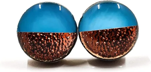 Vista 14 de Dos tonos con aretes de 10 mm de metal martillado falso, aretes redondos para mujeres, niñas y hombres, hechos a mano, postes de acero inoxidable