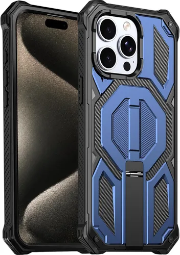 Vista 16 de Funda magnética para iPhone 15 con soporte y protector de pantalla [compatible con Magsafe] antideslizante, cuerpo completo, doble capa, resistente
