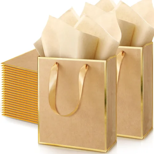 Vista 25 de Yeaqee Paquete de 100 bolsas metálicas de regalo con asa y papel de seda de papel de seda dorado para graduación, boda, padrinos de boda, regalos