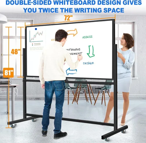 Vista 5 de Max-officoo Pizarra Blanca Grande de Borrado en Seco con Soporte Rodante 72"x48" Pizarra Blanca Magnética Móvil de Doble Cara sobre Ruedas, Incluye