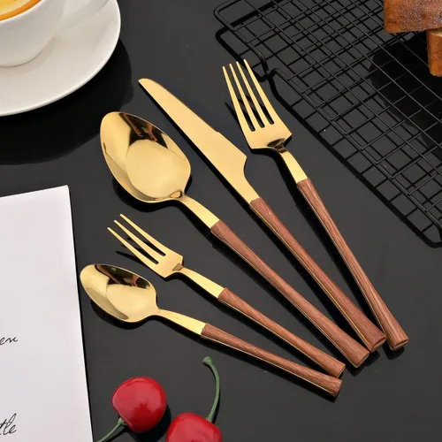 Vista 3 de JASHII Juego de cubiertos con mango de madera, juego de cubiertos de acero inoxidable de 20 piezas, pulido con espejo, juego de cucharas y tenedores