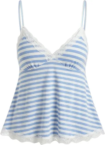 Vista 16 de SOLY HUX Tops tipo babydoll a rayas con encaje Y2K para mujer Negro (Black Polka Dots)