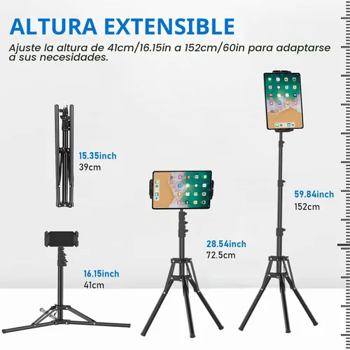 Vista 2 de Soporte de trípode para iPad, trípode ajustable de altura de 63 pulgadas para tableta, rotación de 360°, soporte para iPad mini/Air/Pro, teléfonos