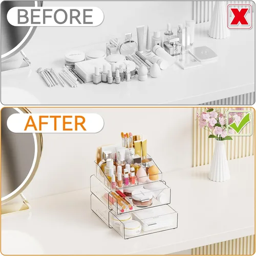 Vista 6 de Yieach Organizadores de maquillaje de 3 niveles en acrílico transparente con 2 cajones, soporte de maquillaje tiered de escritorio y organizadores