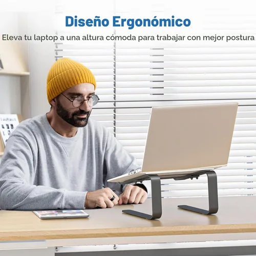 Vista 4 de suptek Soporte para computadora portátil de aluminio, soporte para computadora portátil ergonómico y desmontable para escritorio, elevador de Negro