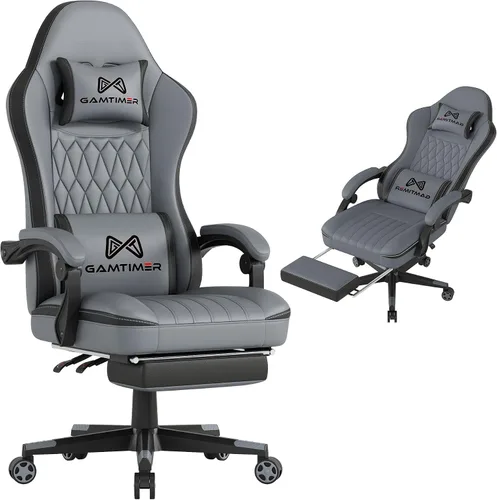 Vista 10 de Gamtimer - Silla de juegos con reposapiés, silla ergonómica para computadora, material transpirable de poliuretano con reposacabezas y soporte
