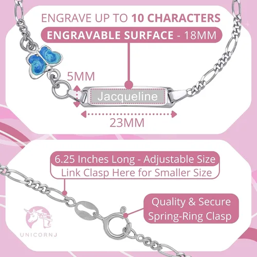 Vista 2 de UNICORNJ 925 Italy Sterling Silver Child or Baby Name Bracelet Girls Boys, Personalized Engraved Kids ID Bracelets, 6.25" Figaro Chain, Enamel Charm