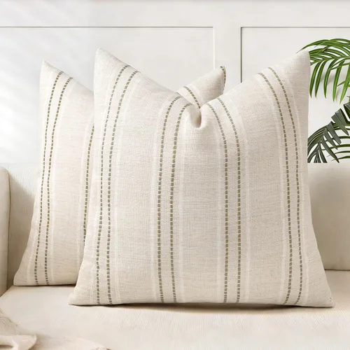 Vista 13 de AELS Fundas de Almohada Decorativas de Lino Estilo Granja de 16x16, Funda de Almohada con Textura Boho, Juego de 2, Beige con Rayas de Hilo Teñido