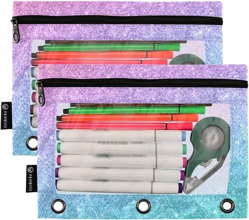 Vista 2 de Gredecor Estuche para lápices con 3 anillos con purpurina azul y rosa con cremallera, 2 unidades, organizador transparente para carpeta escolar