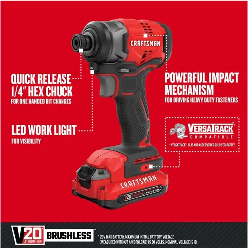 Vista 2 de CRAFTSMAN V20 Kit de destornillador de impacto inalámbrico, 1/4 de pulgada, batería y cargador incluidos (CMCF810C1), negro y rojo