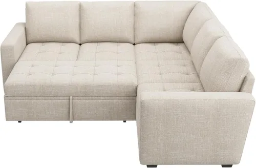 Vista 8 de HONBAY Sofá cama modular modular con cama extraíble, sofá en forma de L con asiento de almacenamiento, sofás seccionales para sala de estar, beige
