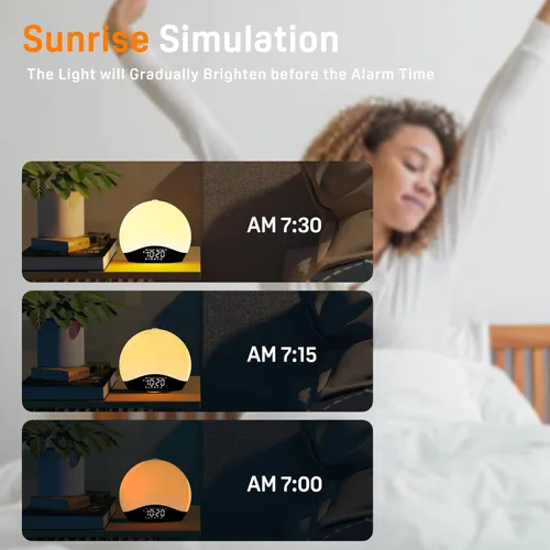 Vista 5 de JALL Reloj despertador Sunrise para dormitorios con máquina de sonido de ruido blanco, despertador de luz despertador para personas que duermen