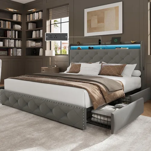 Vista 11 de LARMACE Base de cama tamaño King con 4 cajones de almacenamiento, base de cama tapizada de terciopelo, plataforma King con luces LED y estación