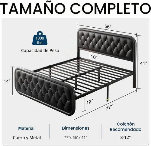 Vista 2 de GalnFu Marco de Cama de Metal Completo, Cama Tapizada con Cabecero y Pie de Cama de Cuero Capitoné, Cama de Plataforma en Forma de U de Servicio