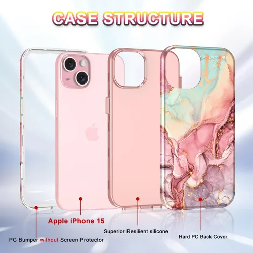 Vista 2 de Btscase Funda para iPhone 15 de 6.1 pulgadas (2023), patrón de mármol 3 en 1, resistente a prueba de golpes, cuerpo completo, policarbonato